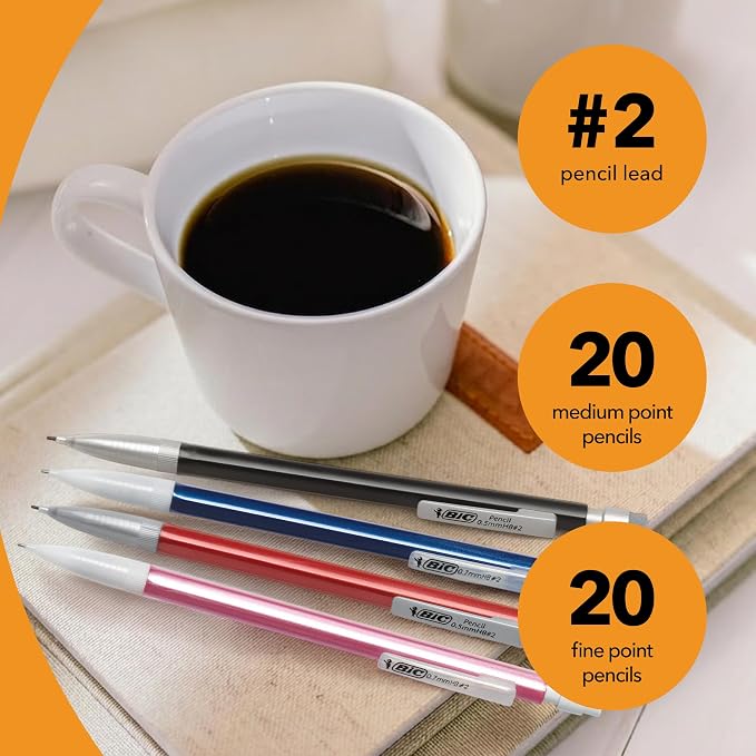 BIC Mechanical Pencils #2 XtraSmooth, 20 .7mm & 20 .5mm, Pack of 40 | Assorted Colored Barrels, Bulk School Supplies for Teachers and Classrooms, 40-Count Pack