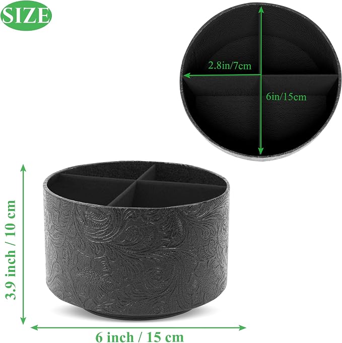 lizimandu Round Leather Art Supply Organizer,Remote Control Holder,360 Degree Spinning,Multi-Functional Pencil Holder,4 Compartments Desktop Stationary Organizer(1-Black2)