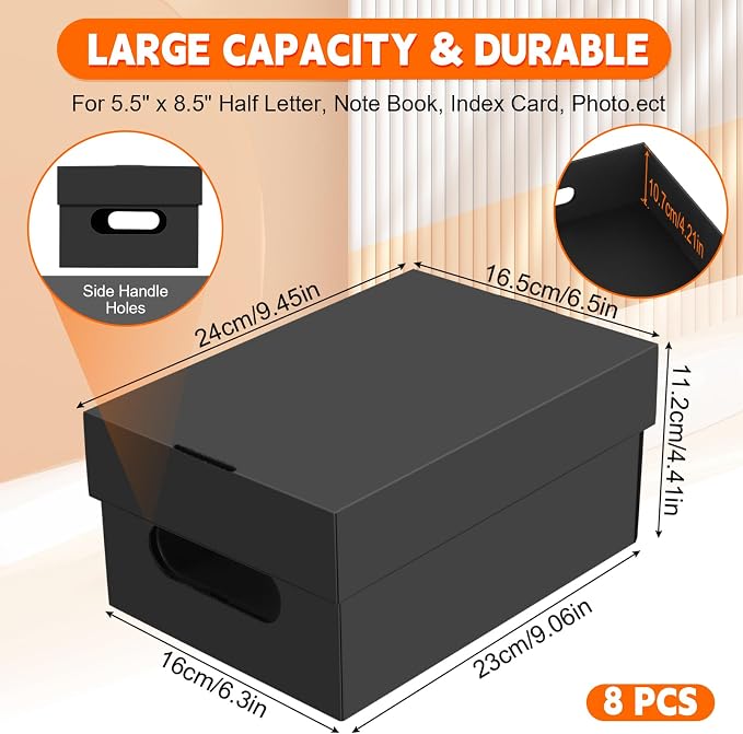 8 Pack A5 Paper Storage Box for 5.5" x 8.5" Half-Letter, 9“ x 6.5“ x 4" Cardboard Photo Organizer with Lid, Index Card Box, Crafts/Arts Storage Containers for Notes, Legal Pads, School/ Art Supplies