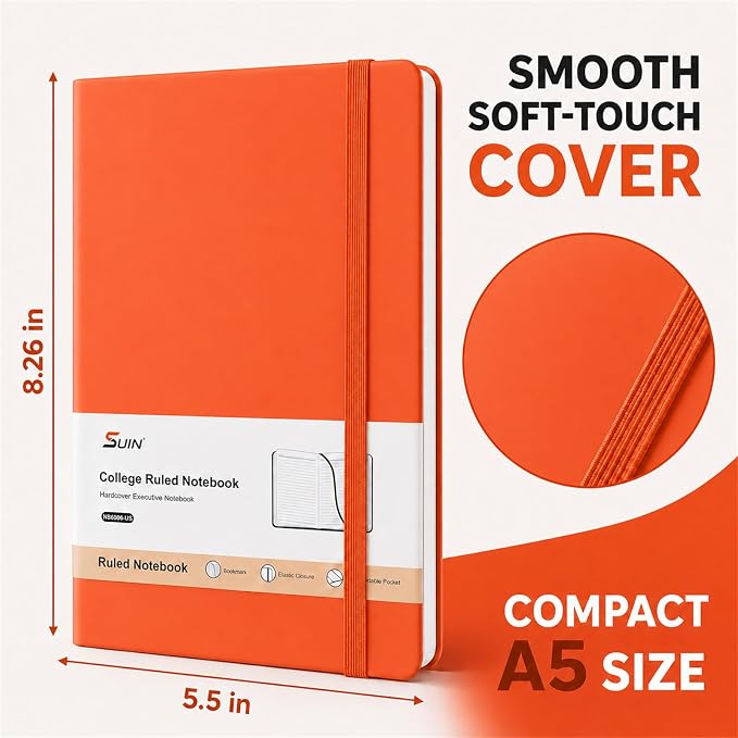 SUIN Hardcover-Journal-Notebooks, A5 Lined Journals Notebook for Writing 200 Pages, 8.2 x 5.5 inch, Classic Ruled Notebooks for Work/Travel/College (Orange- 1 Pack)
