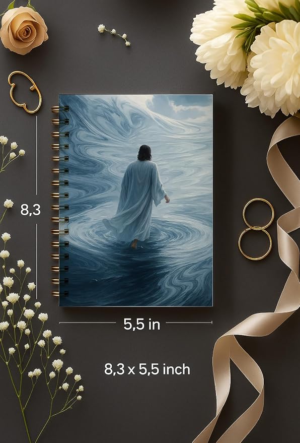 bitCNY Religious Spiral Journal – Jesus Walking on Swirling Waters – Faith Inspired Christian Notebook for Prayer & Reflection, Spiral Bound 5.5x8.3 Inches