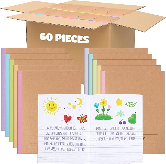 Henoyso 60 Pack Primary Composition Notebook, 9-3/4" x 7-1/2", Kids Primary Journal, K-2 Writing Notebook for Kids Student Draw Write Story Journal Half Blank Books(Macaron Color)