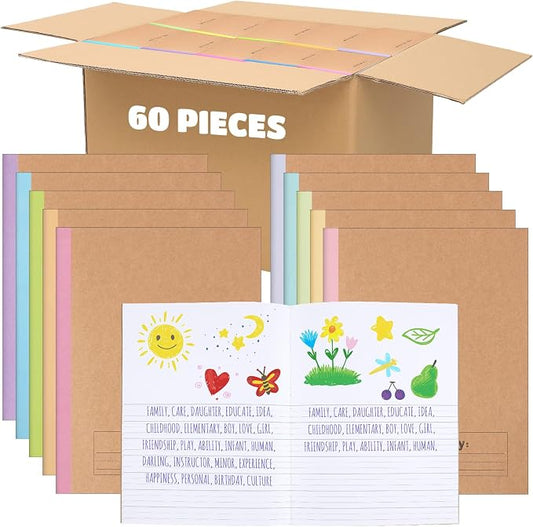 Henoyso 60 Pack Primary Composition Notebook, 9-3/4" x 7-1/2", Kids Primary Journal, K-2 Writing Notebook for Kids Student Draw Write Story Journal Half Blank Books(Macaron Color)