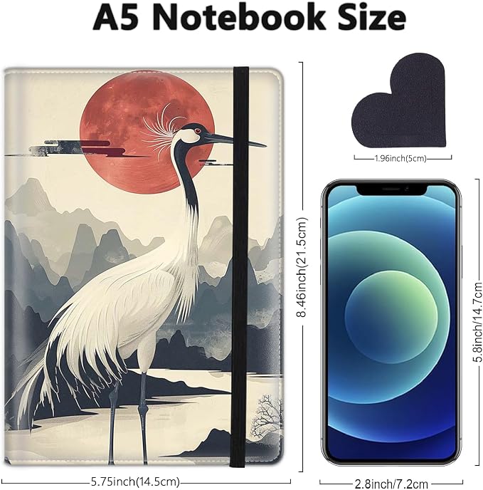 A5 Leather Lined Journal Notebook, 200 Pages Hardcover Executive Notebook for Men Women Office School Note Taking, Thick Writing Paper Daily Journal with Bookmarks/Indexes,Watercolor Crane