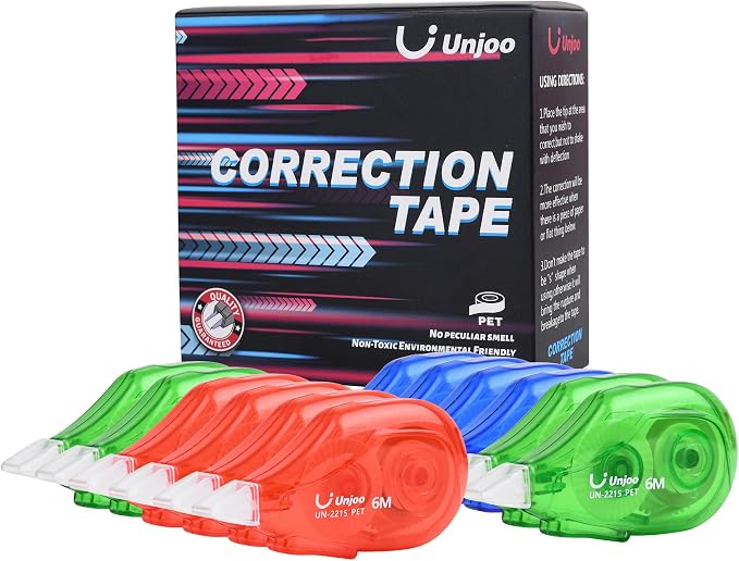 Unjoo White Correction Tape, For school, Office(12pack, 6Mx0.2,3 colors) | Easy To Use Applicator, Fast Clean Tear-Resistant Tape, 6M/256", Tape Width 0.2in