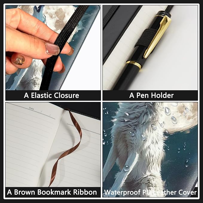 A5 Leather Lined Journal Notebook, 200 Pages Hardcover Executive Notebook for Men Women Office School Note Taking, Thick Writing Paper Daily Journal with Bookmarks/Indexes, White Wolf Moon