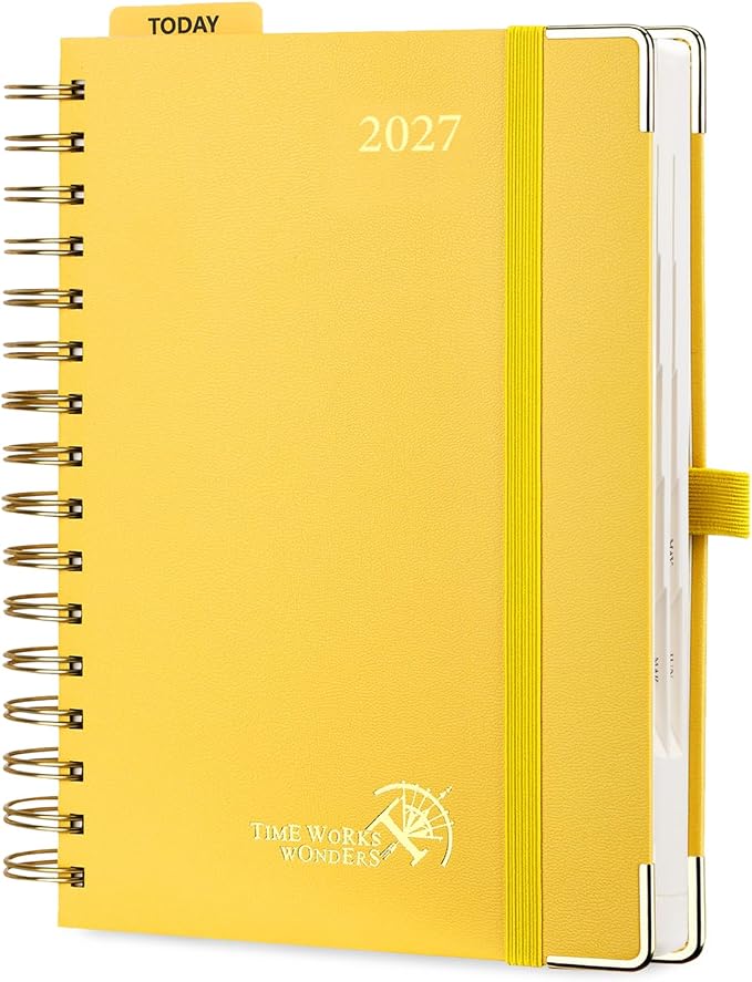 POPRUN 2027 Daily Planner One Page Per Day, 5.75" x 8.5", Calendar Book from Jan 2027 - Dec 2027, Hardcover Appointment Book with Hourly Time Slots, Spiral Bound, Monthly Tabs - Light Yellow