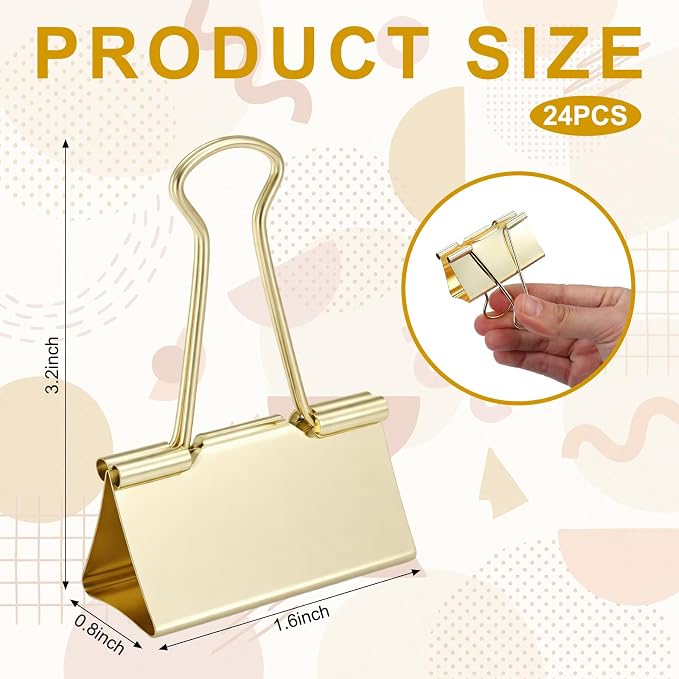 Frienda 24 Pack 2 Inch Extra Large Binder Clips Big Paper Clamps Metallic Large Paper Clips with Grip Reusable Office Organization Supplies for School Office Home (Gold)