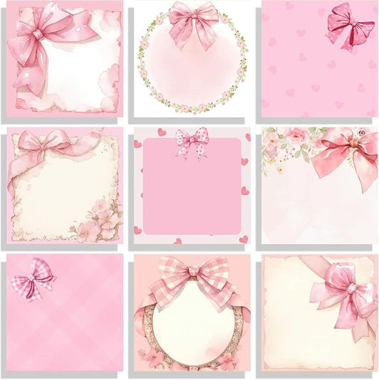 9 Pads Pink Bow Sticky Notes Set, Cute Self-Stick Notepads, Super Adhesive Memo Pads Note Card, Office Decor Gifts, Desk Accessories for Students, School Supplies for Girls, 3x3in