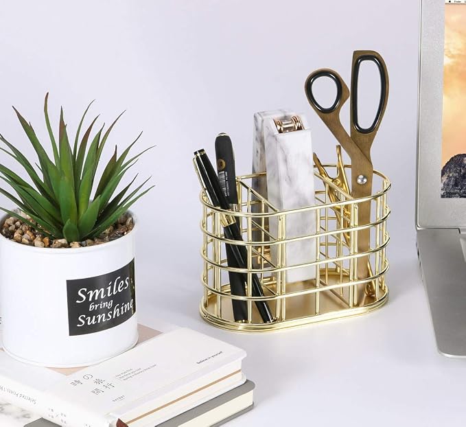 Pen Holder, 3 Compartment Metal Pencil Holder Stationery Organizer, Decorative Desktop Storage Holder for Office Supplies, Gold