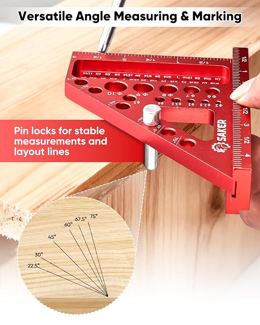 Saker 3D Multi-Angle Measuring Square Ruler, Aluminum Alloy Carpenter Square, 0-90° Precision Hole Scribing Ruler with Angle Pin for Woodworking, Engineering, and Construction Projects