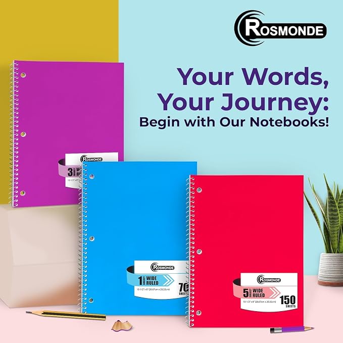 Rosmonde Spiral Notebooks, 24 Pack, 1 Subject Notebook, Wide Ruled, 70 Sheets, 8 x 10-1/2", 3 Hole Punched, School Supplies, Bulk Single Subject Spiral Notebook Bulk, Assorted Colors Pack of Notebooks