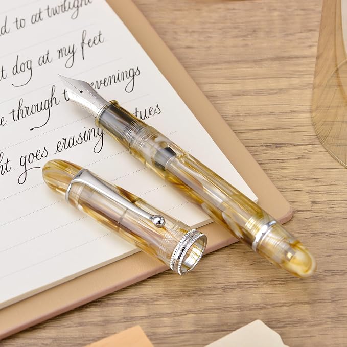 Asvine V800 Fountain Pen – Vacuum Filling System with Large Ink Capacity – Smooth Number 8 Medium Nib with Gift Case and Wrench- Brown White
