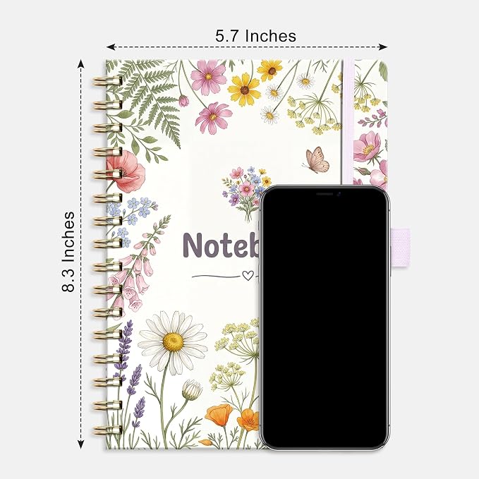 AHGXG Spiral Journal Notebook, 160 Lined Pages, A5 Size (5.7'' x 8.3'') | for Women, Journaling, Writing, Work & Office, Hardcover, 100 GSM Thick Paper (Wildflower Botanical)