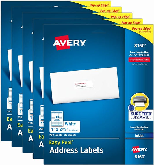 Avery Easy Peel Printable Address Labels with Sure Feed, 1" x 2-5/8" Customizable Stickers, White, 3,750 Blank Mailing Labels, Great for Mailing, Shipping, and More (5-Pack of 8160)