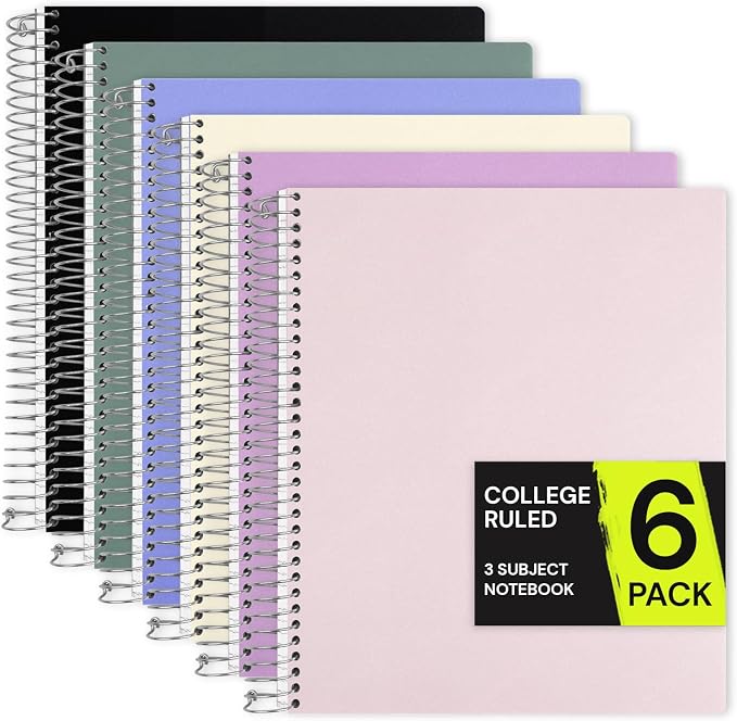 ONAVIA 3 Subject Spiral Notebook College Ruled 6 Pack, 300 Pages, Assorted | 150 Sheets, 9 x 11 in, 6 Pack Waterproof Plastic Cover, Durable, School Notebooks, Homework, Test Prep