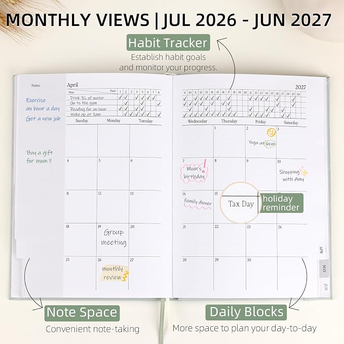 2026-2027 Planner - Weekly and Monthly Planner, July 2026 - June 2027, Linen Hardcover, 2026-2027 Calendar Planner Book with Tabs, Aesthetic, Perfect for Office Home School Supplies (Green, A5 (Jul 2026-Jun 2027))