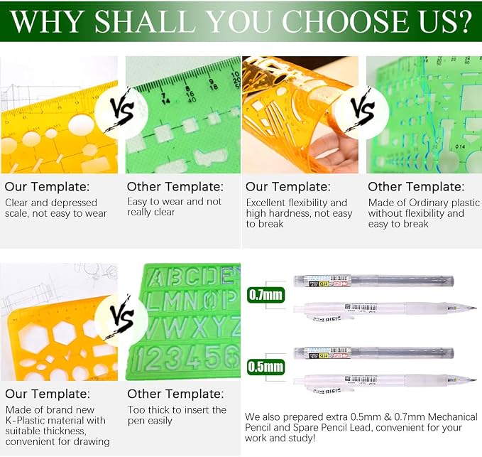 Keadic 12Pcs Geometric Drawings Templates, Geometry Ruler Plastic, Clear Shape Template Yellow Architect Scale Measuring Ruler Drafting Stencils Measuring Tools for Designing and Building