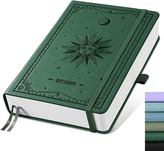 EMSHOI Lined Journal Notebook, 320 Numbered Pages, A5 Size (5.7'' x 8.3'') | Leather Hardcover, 100 GSM Thick Paper, for Women & Men, Journaling, Writing, Work & Office, Sun Debossed (Dark Green)