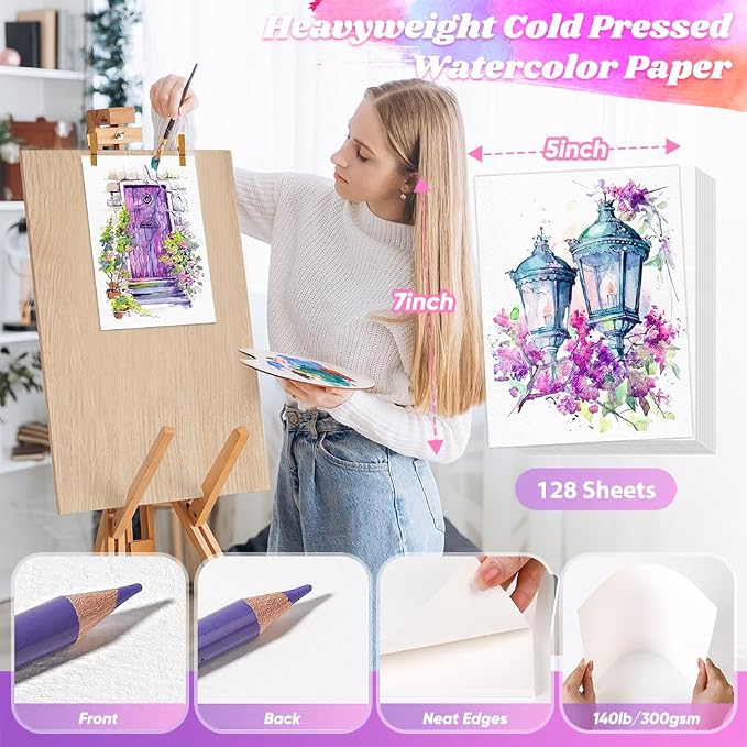 128 Sheets Watercolor Paper Bulk, 5"x7" Cold Press White Water Color Paper | Stocking Stuffers for Kids,140lb/300gsm,for Teacher Students, Classroom Must Have, Study Essentials, College School Supplies