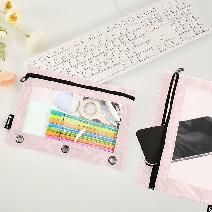 Gredecor Binder Pencil Pouch 3 Ring Misty Rose Zipper Pencil Pouches Case 2 Pack Clear Binder Organizer for School Office
