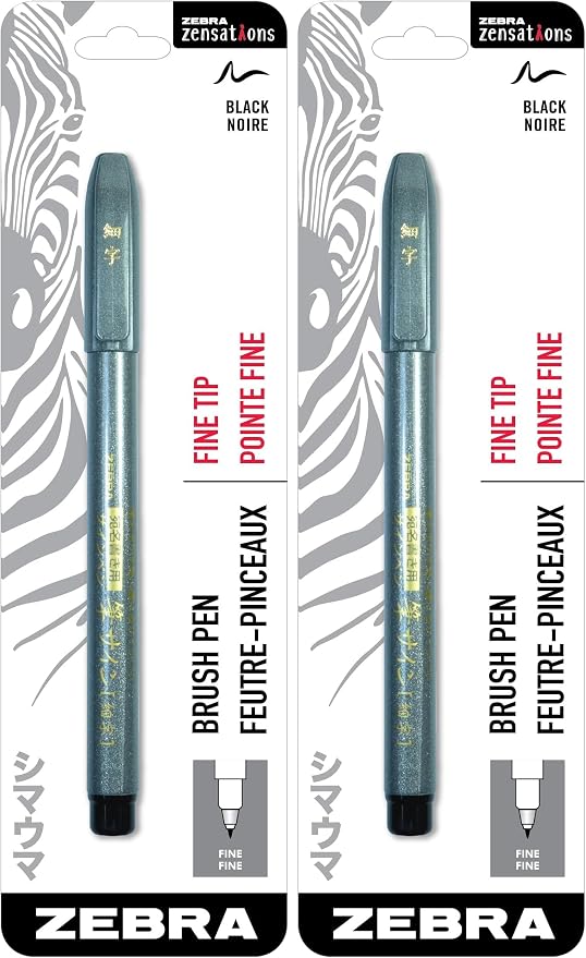 Zebra Pen Zensations Brush Pen, Fine Brush Tip, Black Water-Resistant Ink, 2-Pack