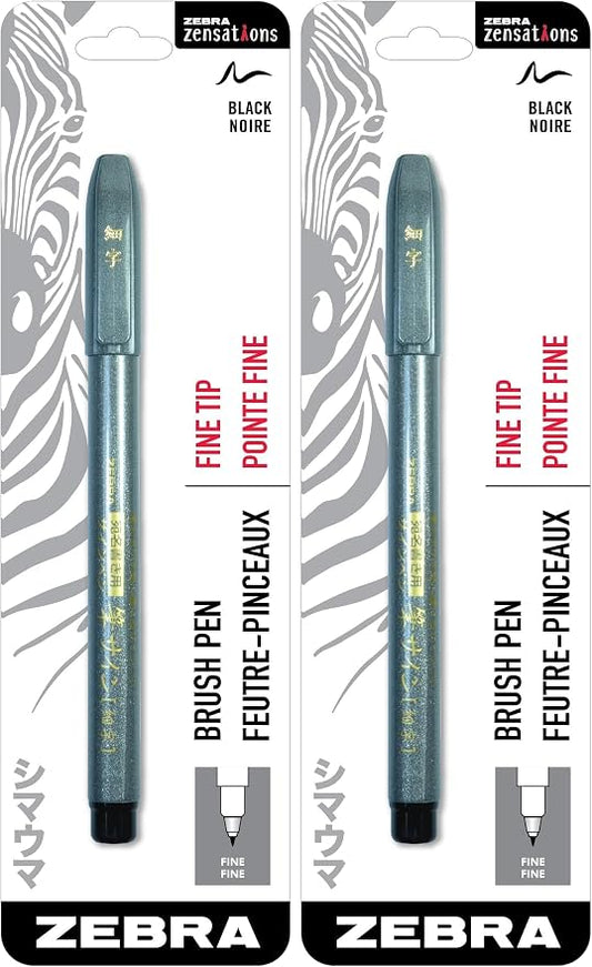 Zebra Pen Zensations Brush Pen, Fine Brush Tip, Black Water-Resistant Ink, 2-Pack