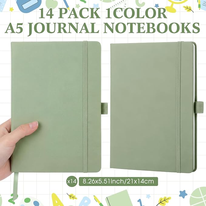 Laumoi 14 Pack Hardcover Journal Notebooks Bulk A5/A4/B5 Journaling Notebook Wide Ruled PU Leather Ruled Lined Journals with Pen Holder for School Business Work Writing (Sage Green,A5)