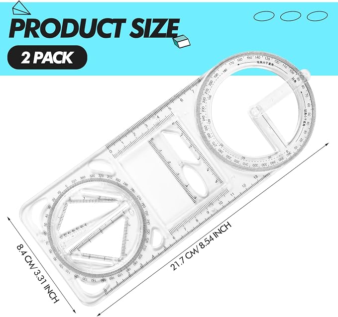 Zonon 2 Pack 360 Degree Protractor, 6 Inch Multifunctional Drawing Ruler Rotatable Mathematical Function Math Geometry Ruler Set, Large Clear Circle Protractor Drafting Tools for Engineering(Upgrade)