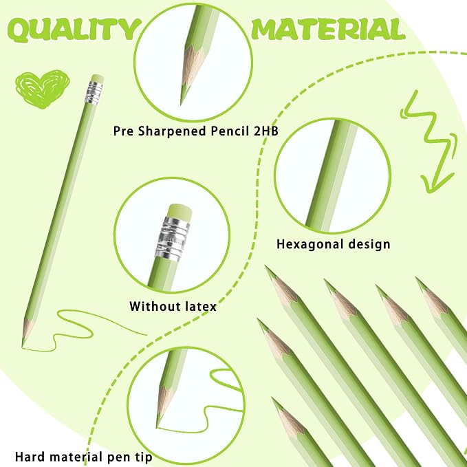 24PCS Macaron Green Colored Pencils with Eraser Pre Sharpened Pencil 2 HB - Ideal for Checking, Grading, Tests & Office/School Supplies