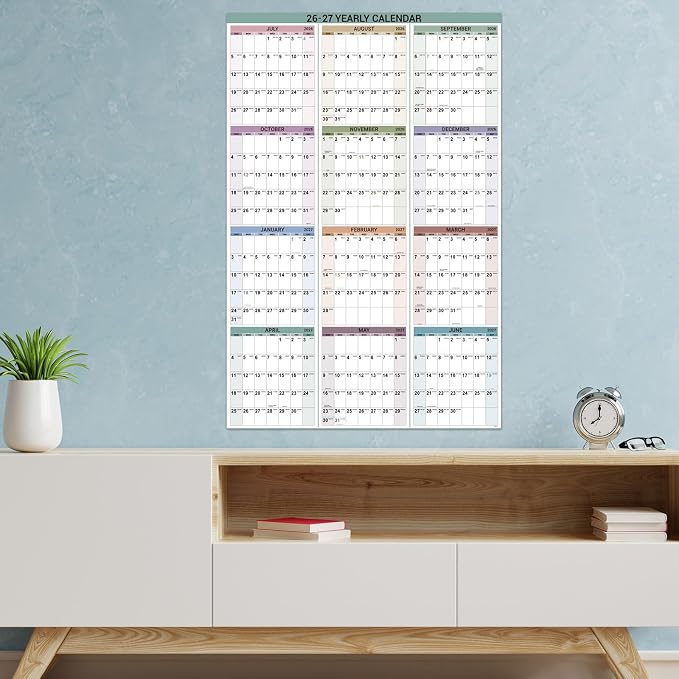 2026-2027 Yearly Wall Calendar - Jul. 2026 - Jun.2027, 34.4" x 22.8" (Open) | Wall Calendar 2026-2027 with Round Sticks, Thick Paper, Vertical
