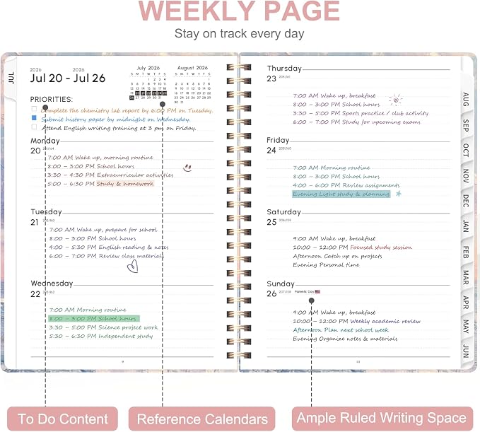 Planner 2026-2027, Weekly and Monthly Academic Year Calendar Planner, July 2026 - June 2027, Daily Agenda Book for Office School Supplies, A5(6.3'' x 8.5'')