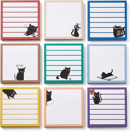 Cute Sticky Notes 9 Pack, 3x3 Inch Adhesive Memo Pads 450 Sheets, Lined and Blank, Kawaii Kitten Stationery, Funny Cat Lover Gifts for Women, Office Desk School Supplies