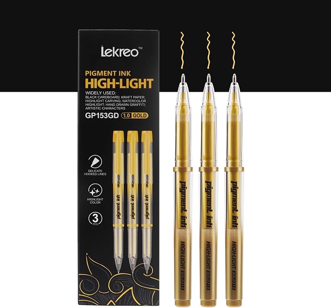 Gold Silver White Ink Gel Pens, 1mm Medium Fine Point, Opaque archival Ink Pen for Dark Paper Drawing,Sketching, Illustration, Card Making, Bullet Journaling (Gold Ink-3 Packs)