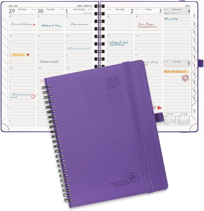 POPRUN Planner 2026-2027 (Medium - 6.5'' x 8.5'') Academic Weekly Planner | Calendar(July 2026 - June 2027) Appointment Book with Hourly Time Slots, Monthly Tabs, 100GSM, Spiral Leather Cover - Purple