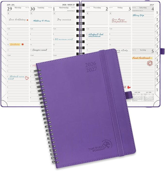 POPRUN Planner 2026-2027 (Medium - 6.5'' x 8.5'') Academic Weekly Planner | Calendar(July 2026 - June 2027) Appointment Book with Hourly Time Slots, Monthly Tabs, 100GSM, Spiral Leather Cover - Purple