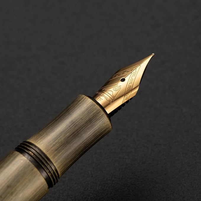 Luxury Solid Brass Fountain Pen Set for Writing & Calligraphy - Choose Antique or Matte Black Finish. Includes 10 Ink Cartridges & Premium Gift Box (Extra Fine Nib, Antique Brass)