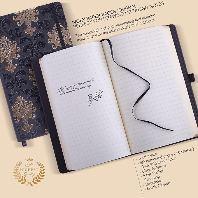 Exclusive Writing Journal for Women and Men - Handmade in Italy with Ivory Paper - Travel Diary Notebook for Daily Notes, Dreams or Planning - Perfect for a Traveler, Writer, Musician(ROSE) (BAROQUE GOLD)