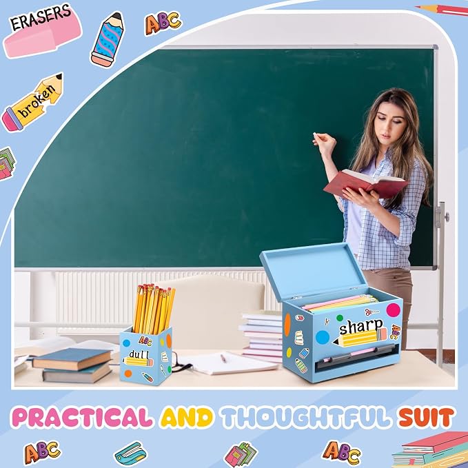 Mifoci 8 Pcs Wooden Pencil Dispenser Kit for Classroom Wooden Pen Holder Straw Dispenser Sharp and Dull Letter Stickers for Teachers Classroom Supplies Storage (Light Blue)