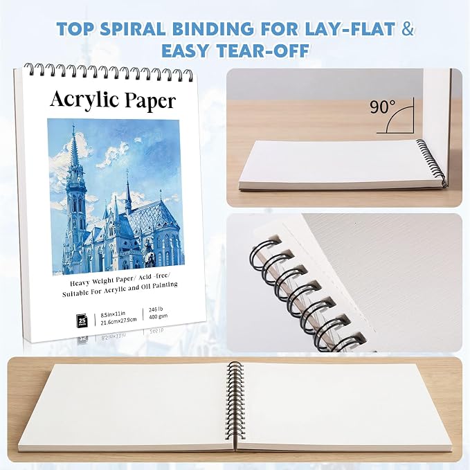 Acrylic Paper Pad 8.5 x 11 in, 25 Sheets, 400Gsm, Top Spiral Bound | Heavy 246Lb Paper, Mixed Media For Acrylic, Oil, Marker & Ink, Perforated Tear-Out Pages, Lays Flat For Class Or Studio