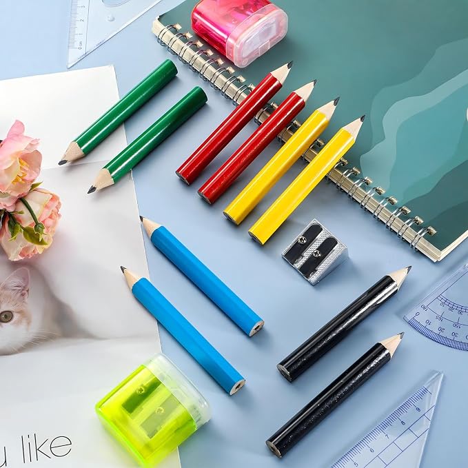 Marspark 30 Pcs Short Triangular Fat Pencils Bulk First Day of School 3.5 Inch Wooden Jumbo Pencils with Sharpener and 2 Erasers for Preschoolers, Kindergarten, Toddlers, Beginners(Vivid Colors)