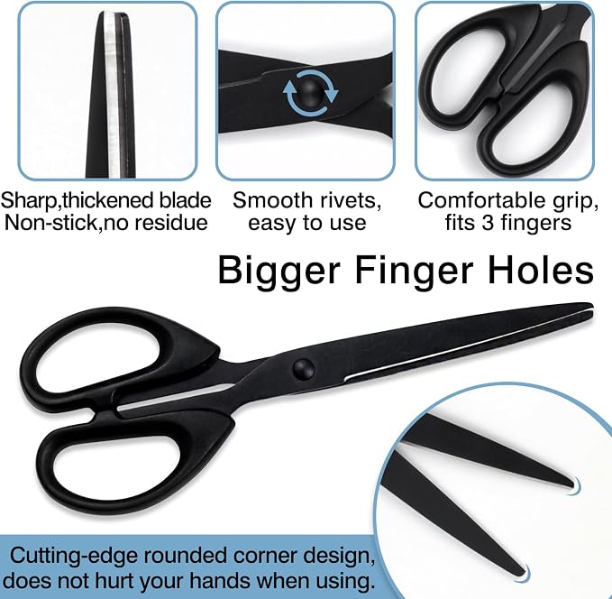 Black All-Purpose Office Scissors – Sharp Stainless Steel Blade Shears with Straight ABS Handle for Home, School & Craft Use