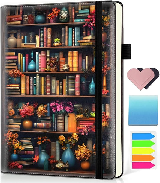 Hardcover Executive Notebooks, A5 PU Leather Lined Journal Notebook, 200 Pages Thick Paper Subject Notebooks for School,Work,Home Writing Business Notebook, Diary Book ，Retro Bookshelf