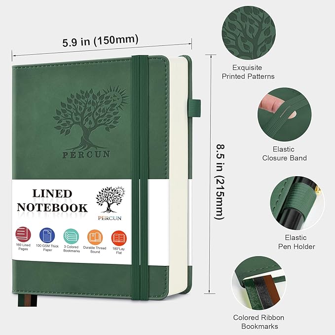 PERCUN A5 Leather Notebook Journal, 160 Lined Pages, 5.9" x 8.5" Green | Leather Journal for Men Women, Hardcover Notebooks for work, school, business, travel diary, Note taking & Daily Journaling