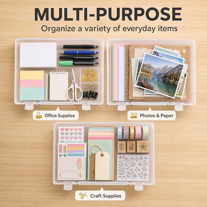 CraftGenes 4 Pack Scrapbook Paper Storage Boxes for Letter and A4 Paper | 1.8 in deep stackable cases fit 8.5 x 11 and A4 paper, with secure snap latches, translucent bodies and labels included