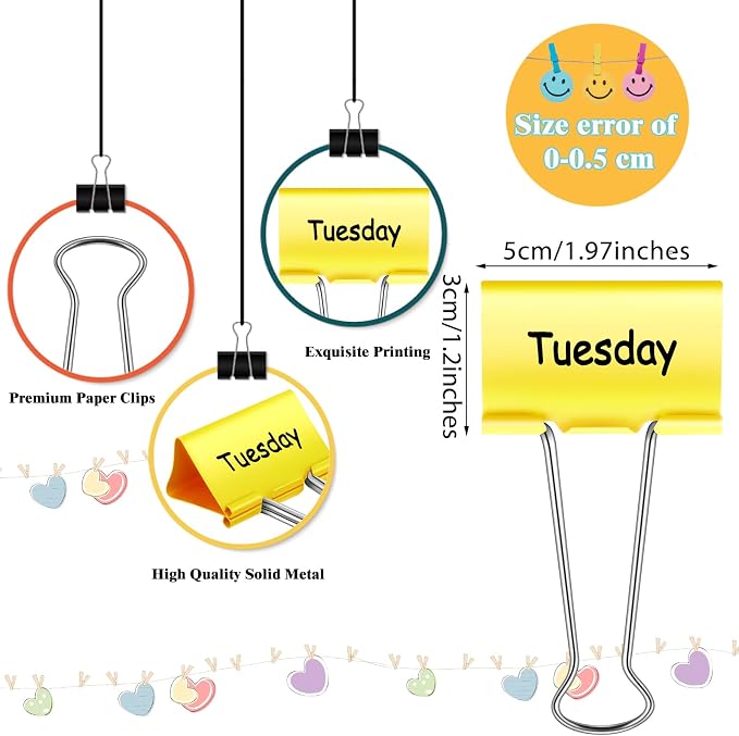 Tenare 6 Pack 2 Inch Teacher Binder Clips, Classroom Paper Organizer | Includes Monday, Tuesday, Friday ,Wednesday, Thursday and Today for Classroom Management Paper Sorting-School Office Supplies
