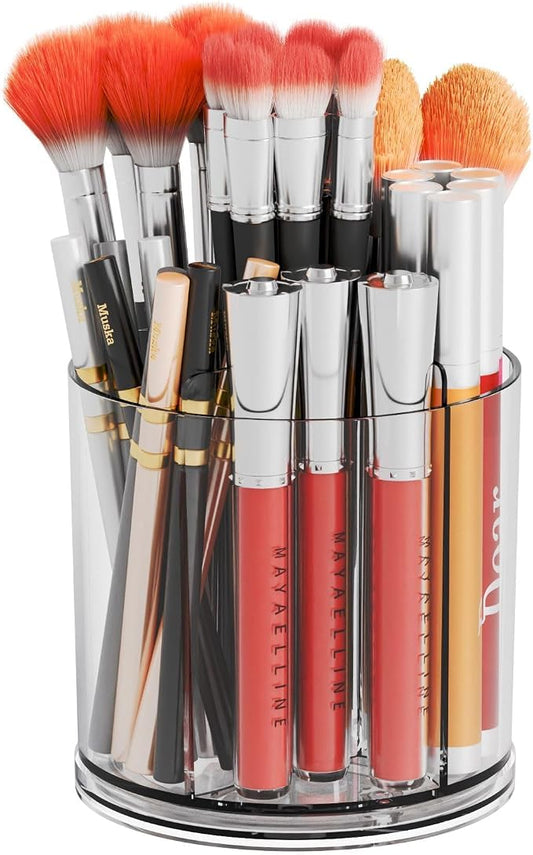 Yieach Rotating Acrylic Makeup Brush Holder for Vanity,Bathroom Countertop,Round Makeup Brushes Organizer,Spinning Cosmetic Brushes Holder,Make up Brush Storage and Office Desk Pen or Pencil Cup,Clear