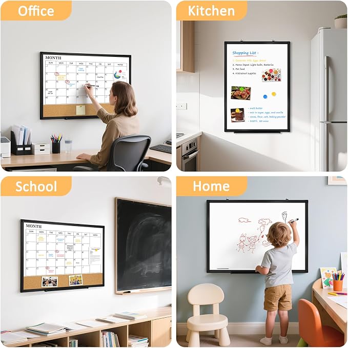 Monthly Dry Erase Calendar Whiteboard with Corkboard, 24" x 18", Black | Magnetic, White Board Cork Board Combo, Double Sided, Wall Mounted, Aluminum Frame, for Home, Office, Kitchen, Dorm