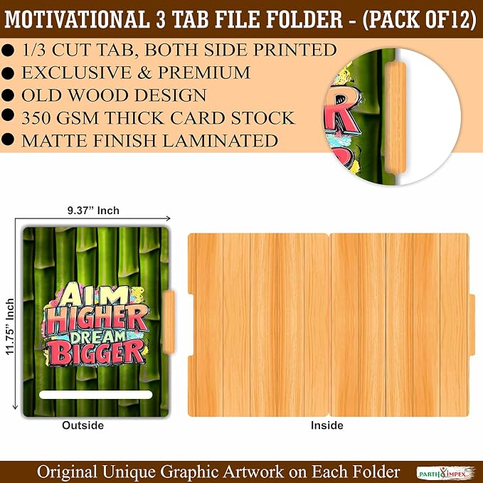 PARTH IMPEX 12 Pack Motivational File Folders, 1/3 Cut Tab (9.37” x 11.75”) | with Assorted Positions, Letter Size Paper Holders Matte Finish Laminated for Office School Work - Rustic Wood Design