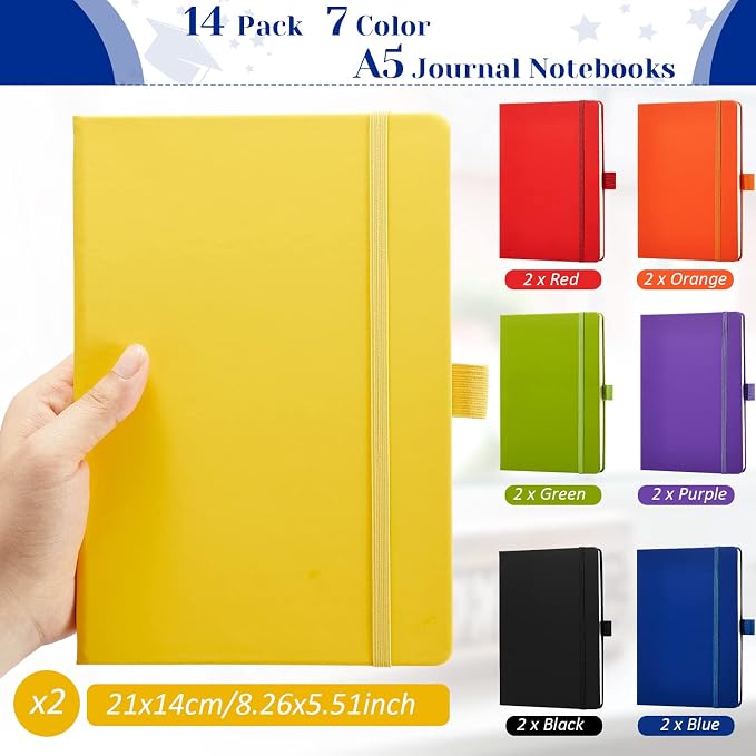 Laumoi 14 Pack Hardcover Journal Notebooks Bulk Journaling Notebook Wide Ruled PU Leather Ruled Lined Journals with Pen Holder for School Business Work Writing (Bright Color,A5)